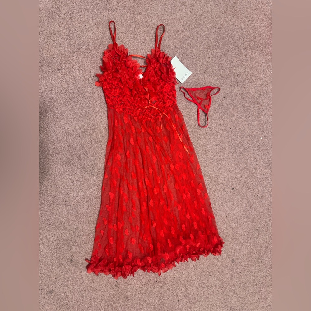 New xl red heart sheer ruffle dress nightgown valentines lingerie set babydoll
